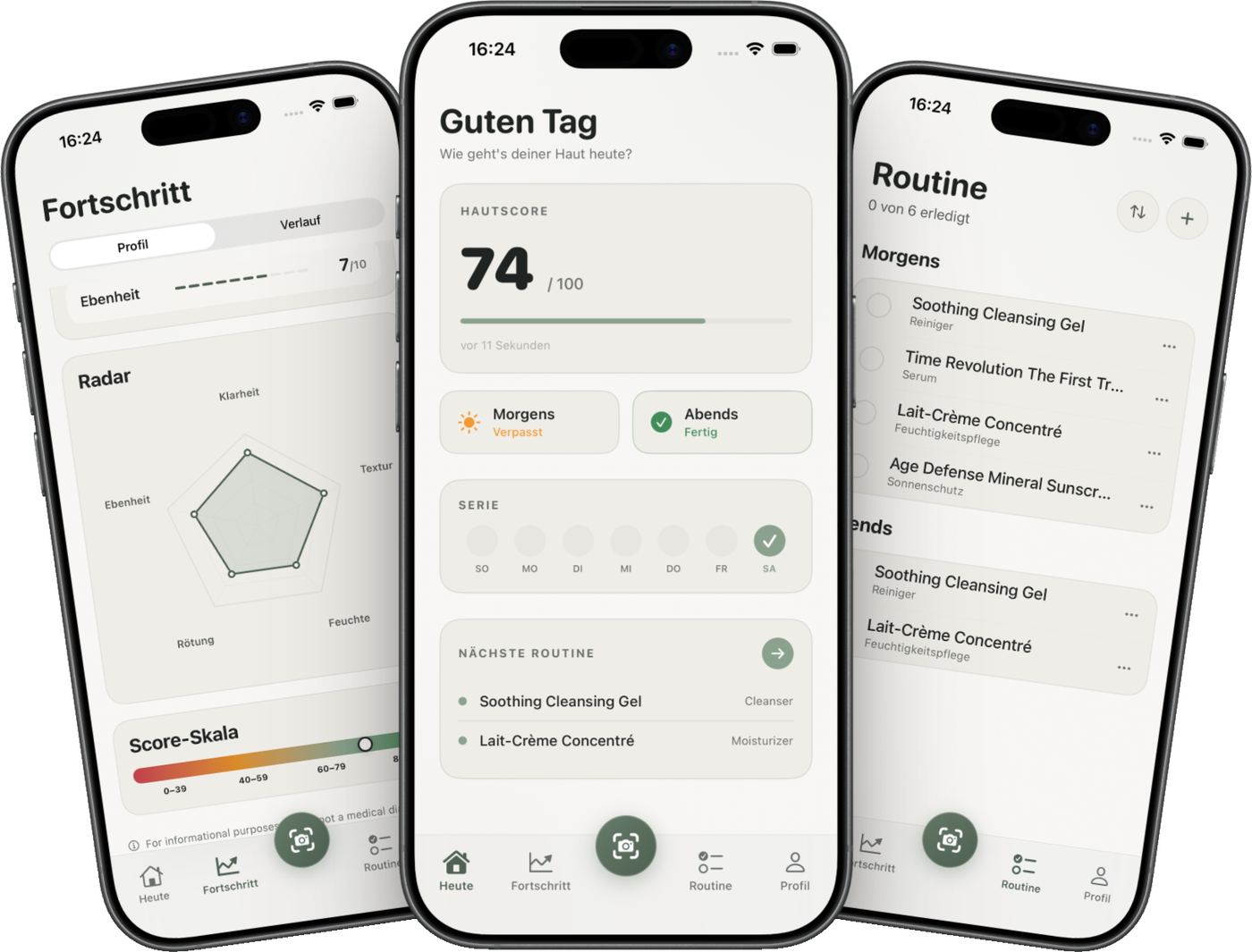 Skinmetrics auf dem iPhone: Fortschritt, Hautscore und Routine